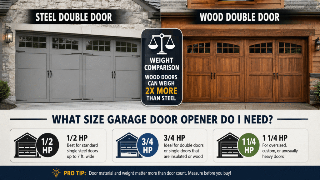 Garage door opener horsepower guide comparing 1/2 HP, 3/4 HP, and 1 1/4 HP for different door sizes and weights