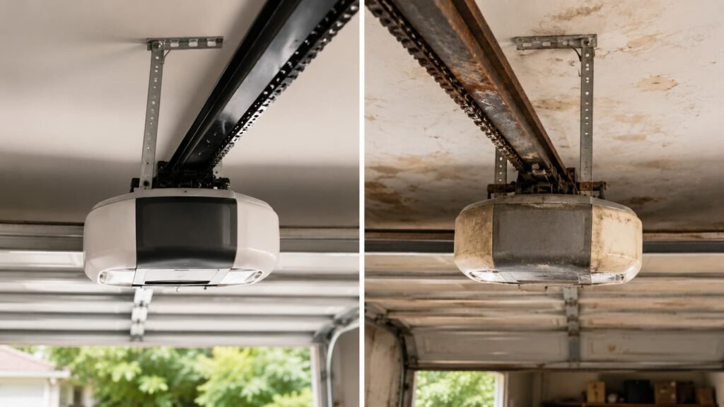 Split image of garage door opener rail showing clean well-maintained system vs rusted worn system