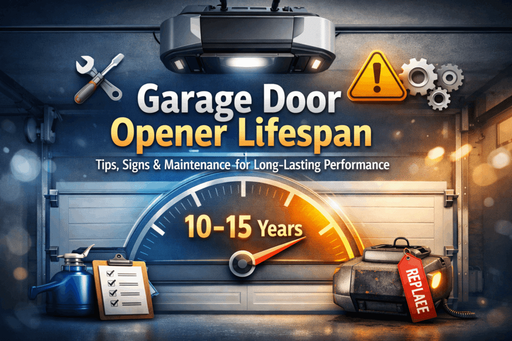 Garage door opener lifespan illustration showing maintenance tips, warning signs, and a 10–15 year lifespan timeline