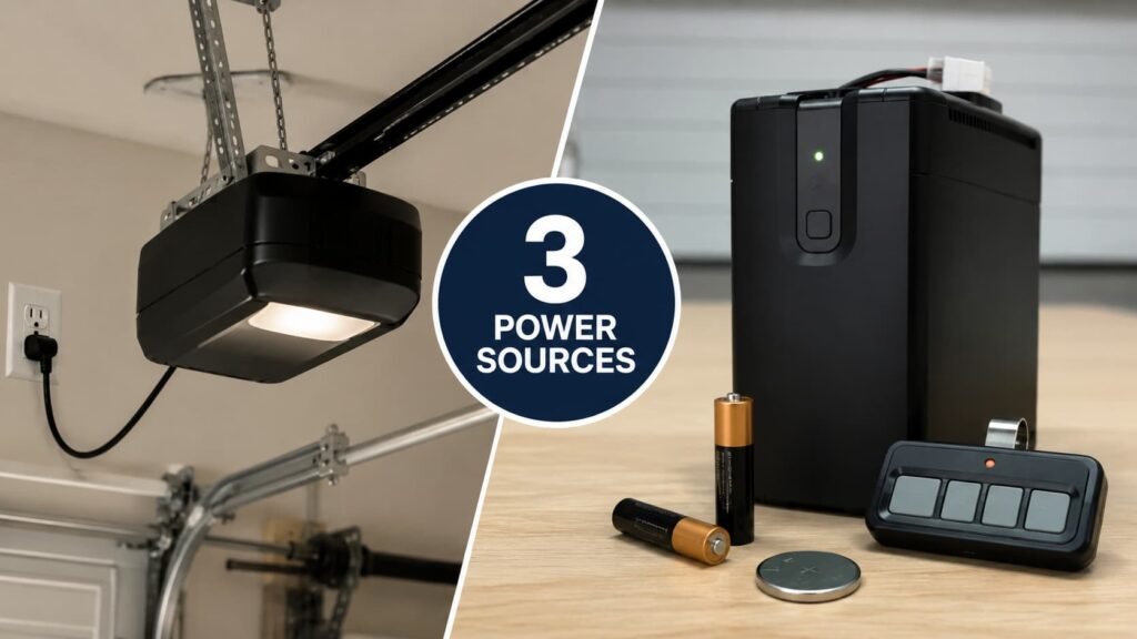 Split image showing garage door opener plugged into outlet and battery backup with remote batteries