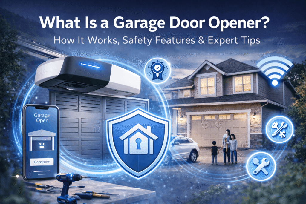 What Is a Garage Door Opener? a Ceiling mounted smart garage door opener operating an automatic sectional door with safety sensors inside a clean home garage