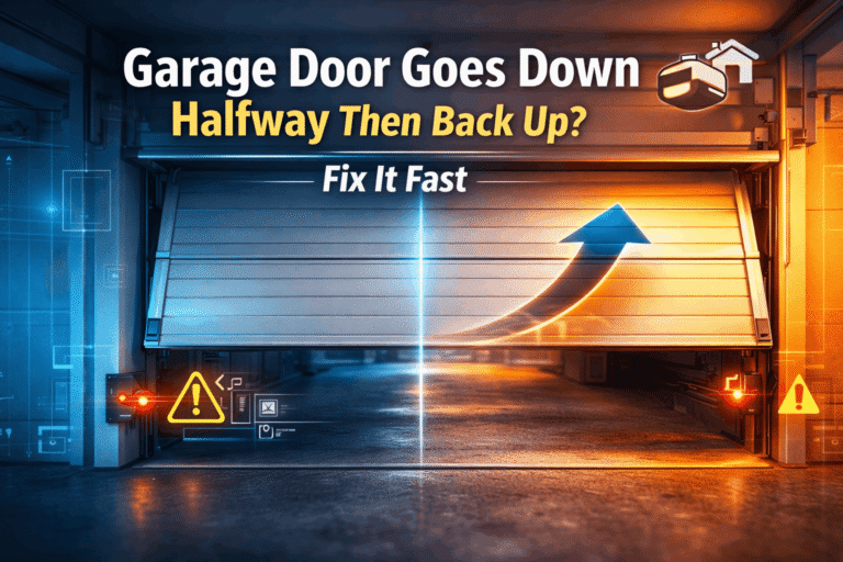 Garage door goes down halfway then back up – modern garage door halfway down reversing with sensor warning and dynamic motion overlay