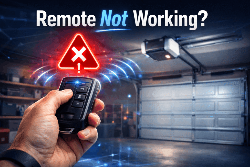 Garage door opener remote control not working – modern garage remote with red warning alert and signal interference effect