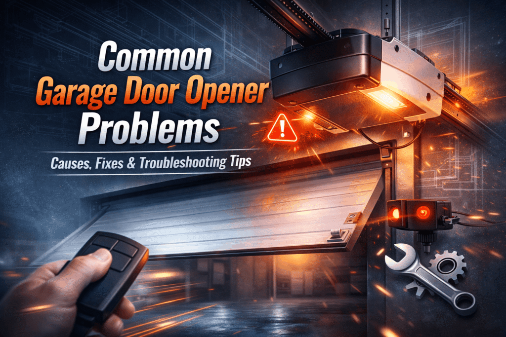 Common garage door opener problems – cinematic illustration showing causes, fixes, and troubleshooting tips with garage door opener, remote, and warning symbols.