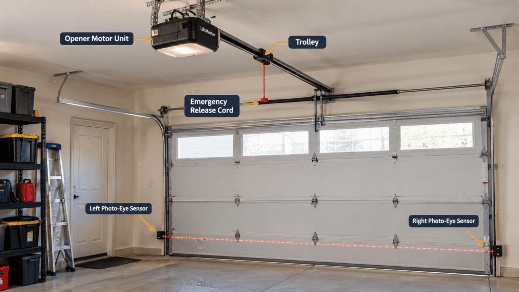 Garage door opener motor, trolley, and photo-eye sensors