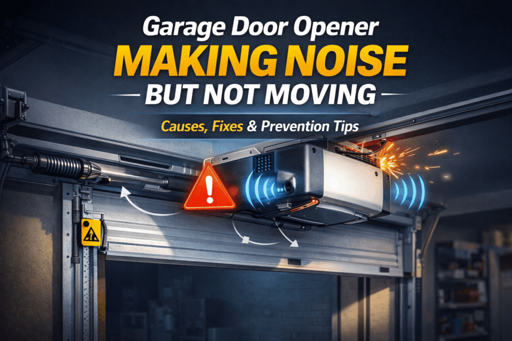 Garage door opener making noise but not moving, showing a malfunctioning opener with sparks and sound waves, highlighting common causes and fixes