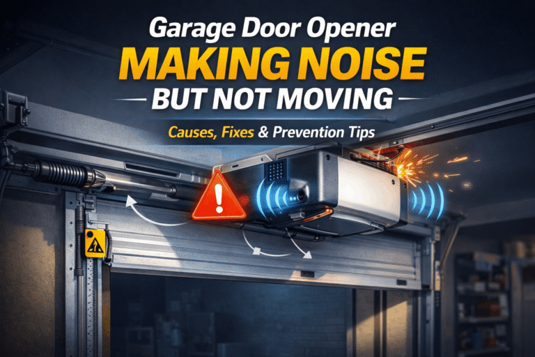 Garage door opener making noise but not moving, showing a malfunctioning opener with sparks and sound waves, highlighting common causes and fixes