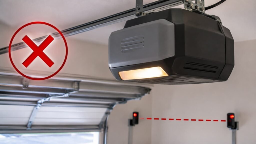 Garage door opener motor with warning symbol and misaligned safety sensors preventing door from closing