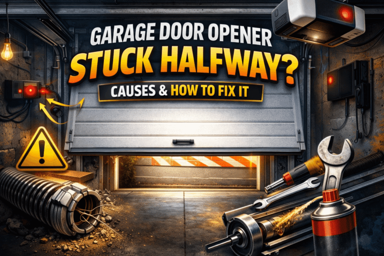 Garage door opener stuck halfway illustration showing partially open garage door, misaligned sensors, broken springs, and tools for repair.