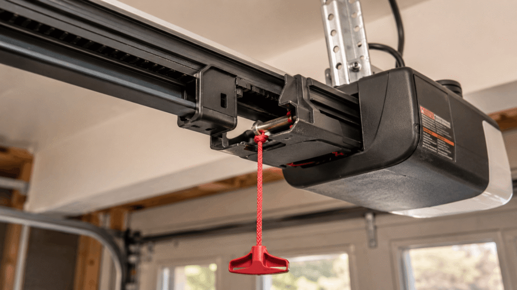 Close-up of a garage door opener trolley disconnected from the rail with the red manual release cord pulled