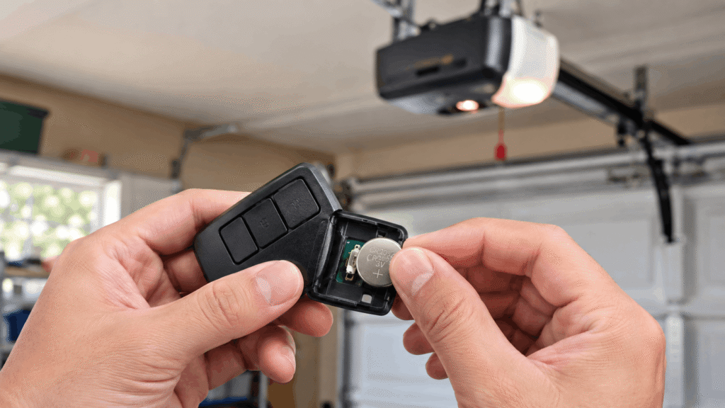 Hand inserting a coin cell battery into a garage door remote with blurred opener motor in background