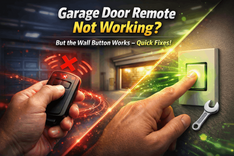 Garage door remote not working but wall button works – hand holding a malfunctioning remote with red signal waves on the left, and a glowing wall button being pressed to open the garage door on the right