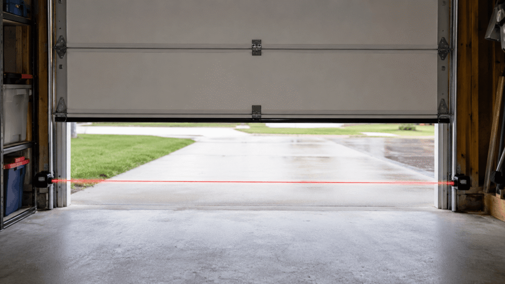 Garage door mid-close with safety sensor beam visible between track-mounted sensors near the floor