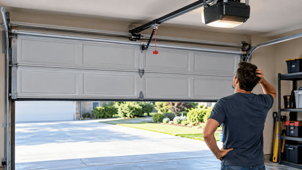 Garage door stuck halfway open with opener rail visible