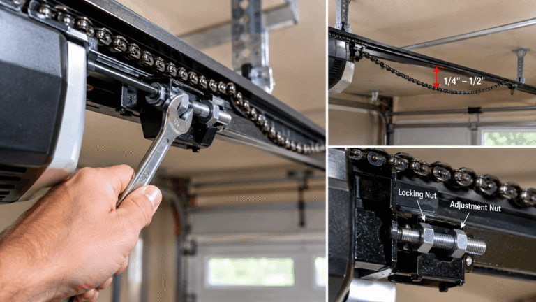 Hand tightening garage door opener chain tension nut with wrench, chain sag visible on rail