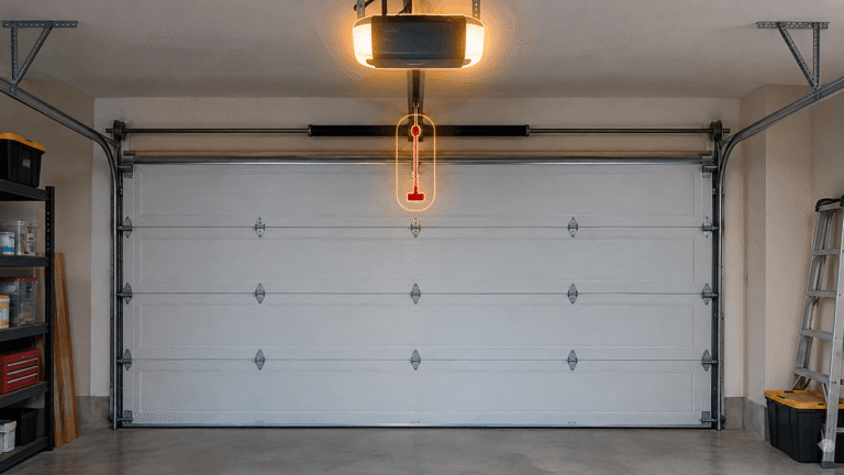 Garage door opener with red emergency release cord highlighted and closed garage door