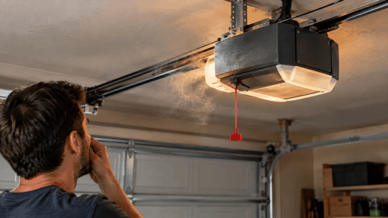 garage door opener motor on ceiling with warm light and slight smoke indicating overheating issue