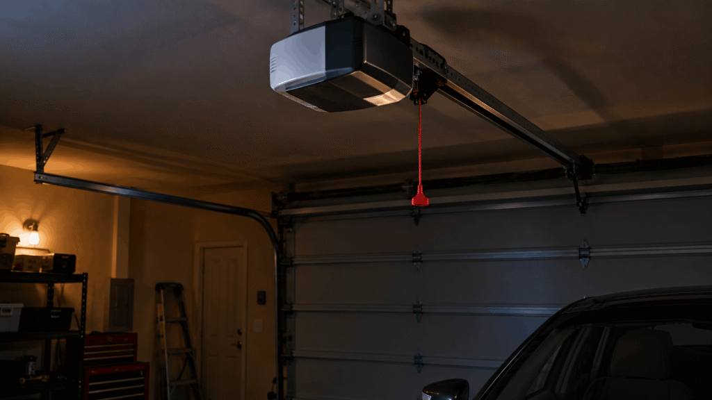 Garage door opener motor unit with red manual release cord in a dim garage during a power outage