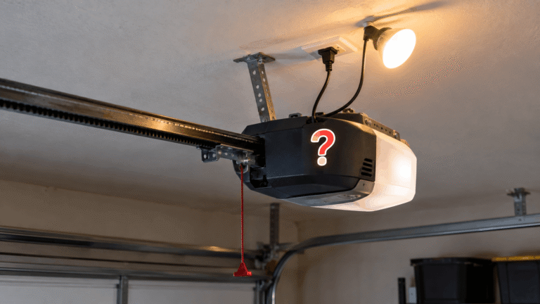 Ceiling-mounted garage door opener with no lights while a lamp plugged into the outlet above is working