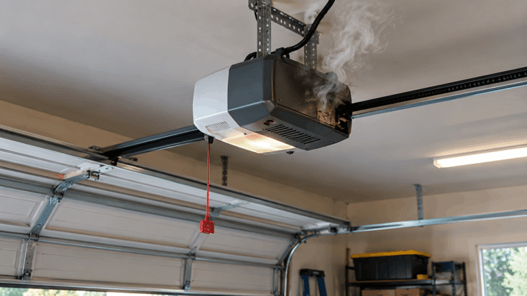 Garage door opener motor unit mounted on ceiling with light smoke coming out, indicating overheating or internal failure