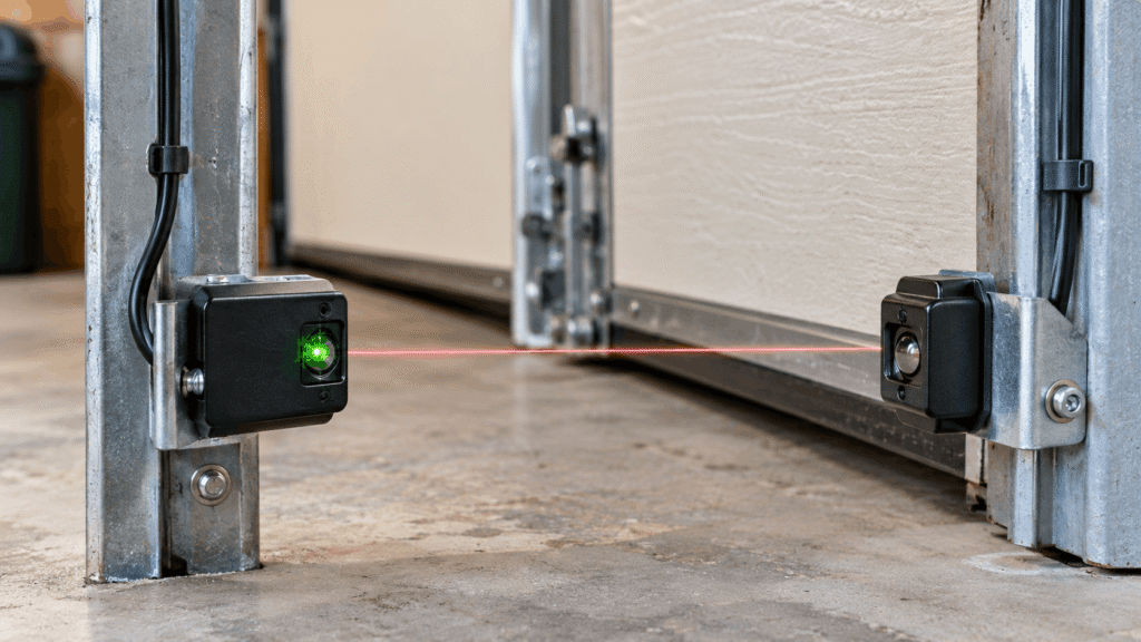 Close-up of garage door safety sensors mounted on both sides of the track with one green LED light visible and aligned beam across the floor